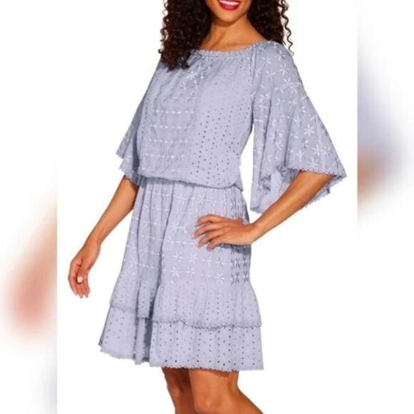 Boston Proper Lilac Lavender Embroidered Eyelet Wide Sleeve Dress Medium - Picture 1 of 12